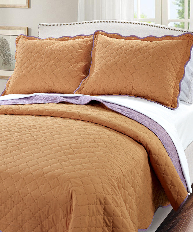 Serenta Reversible Quilted 3 Piece Coverlet Set, Burnt Orange and Purple, King
