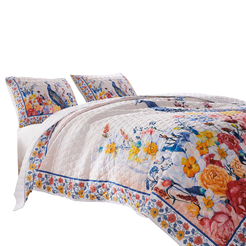 Benzara BM280421 3 Piece Full Quilt Set, Peacock, Floral Print, Multicolor