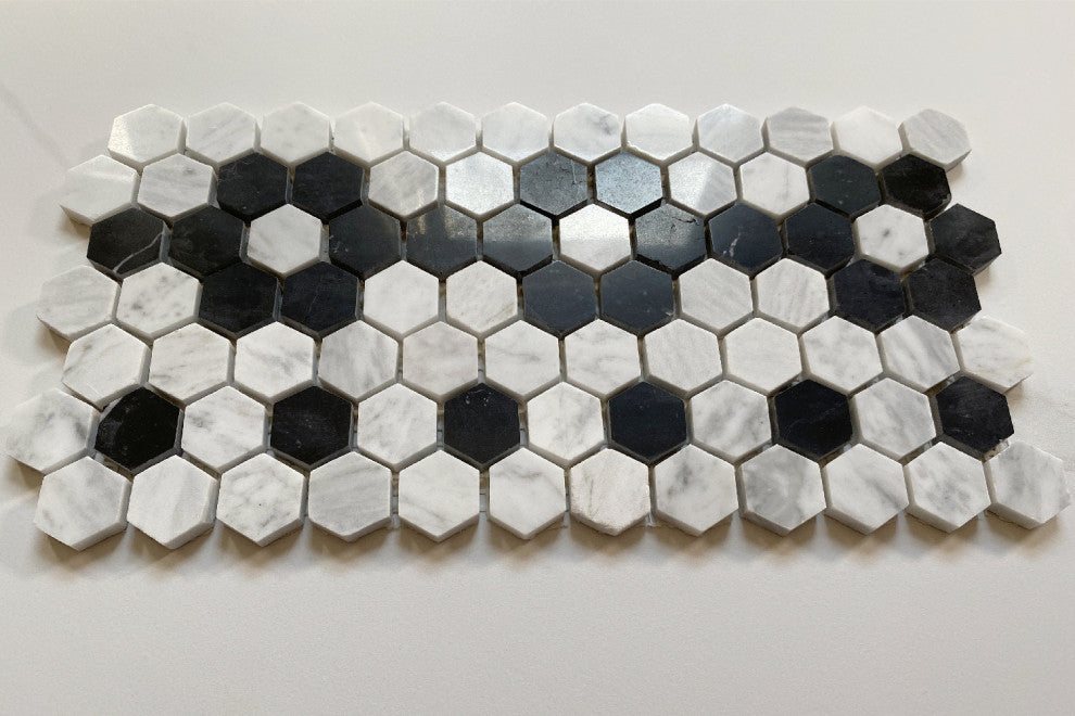 Carrara White Marble Hexagon Mosaic Border Flower Tile Polished 1", 1 sheet