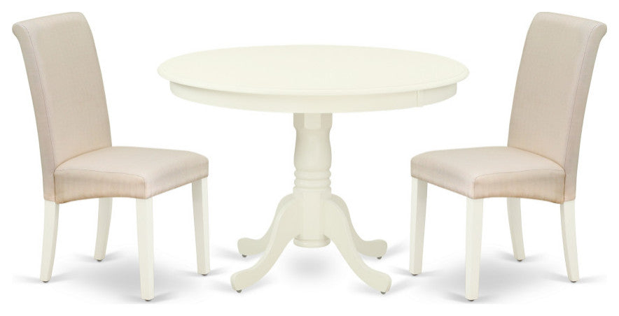 3Pc Dinette Set, Rounded Table, Two Parson Chairs, Cream Fabric, Linen White