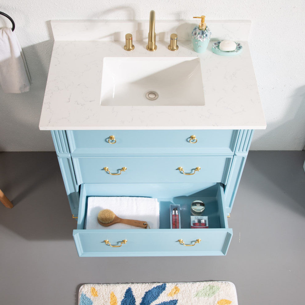 36 In Bathroom Vanity Set with Quartz Top, 32 In Mirror, cUPC Certified Sink, Classic Blue