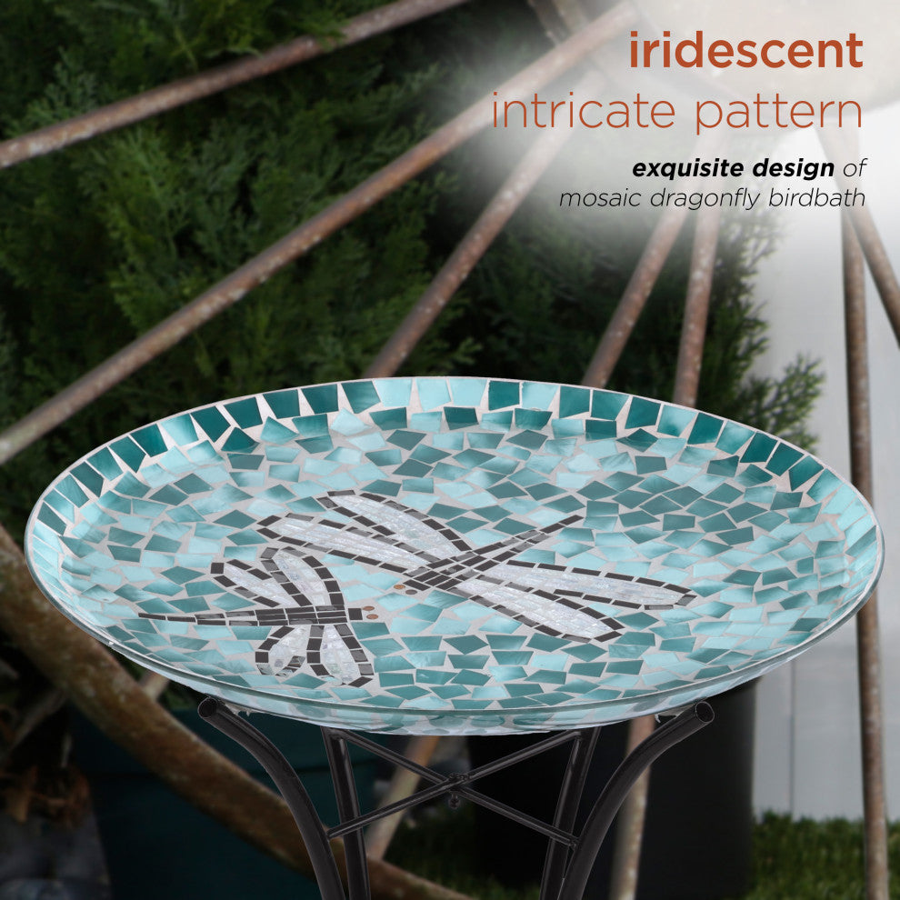 24" Tall Outdoor Mosaic Dragonfly Glass Birdbath Bowl with Metal Stand