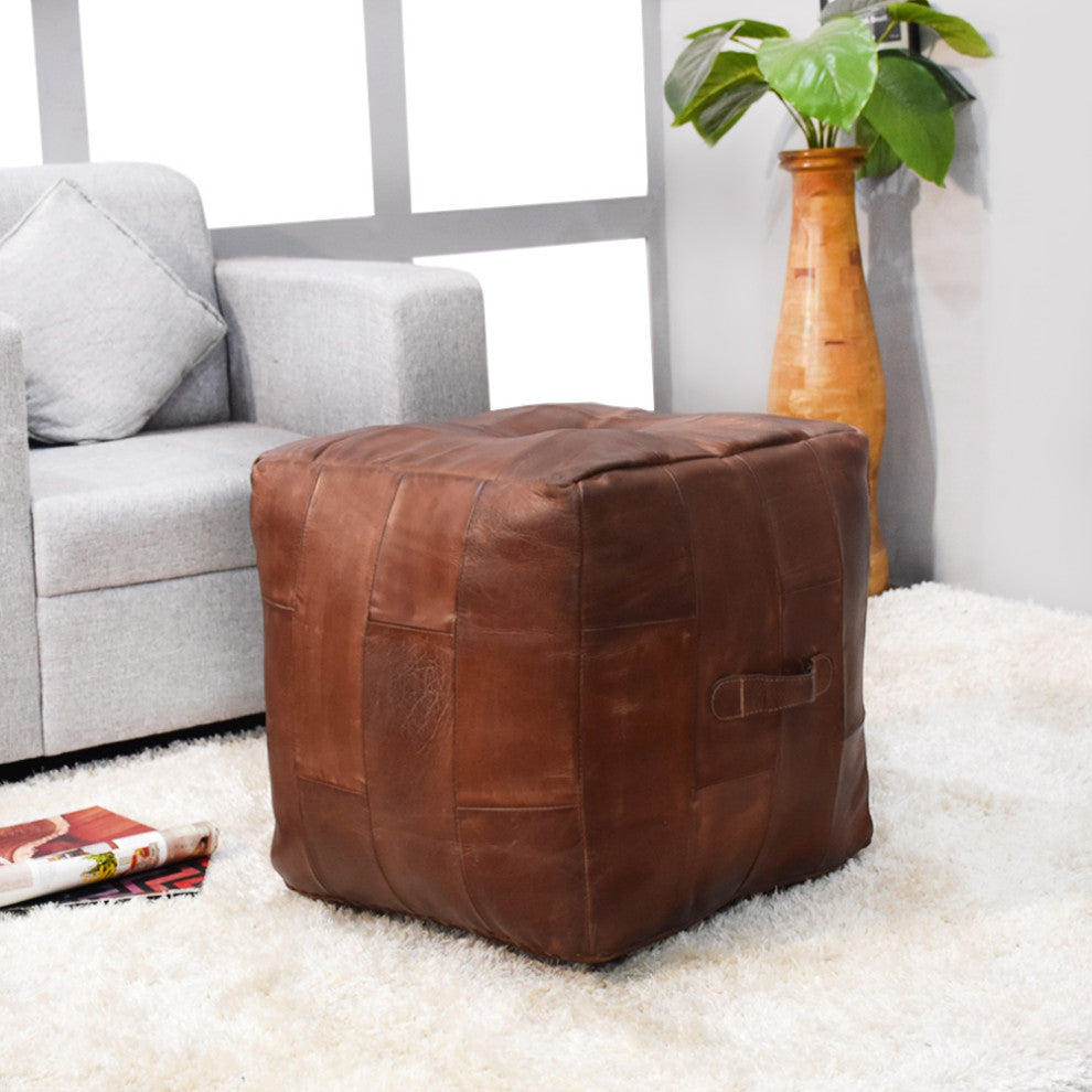Geometric Handmade Leather Pouf (Recycled Foam with Fibre Fill) Black, [Square] 18x18x18