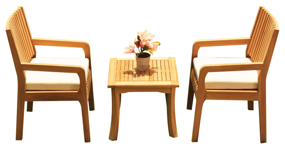 3-Piece Outdoor Patio Teak Dining Set: 18" Giva Side Table, 2 Maldives Arm Chair