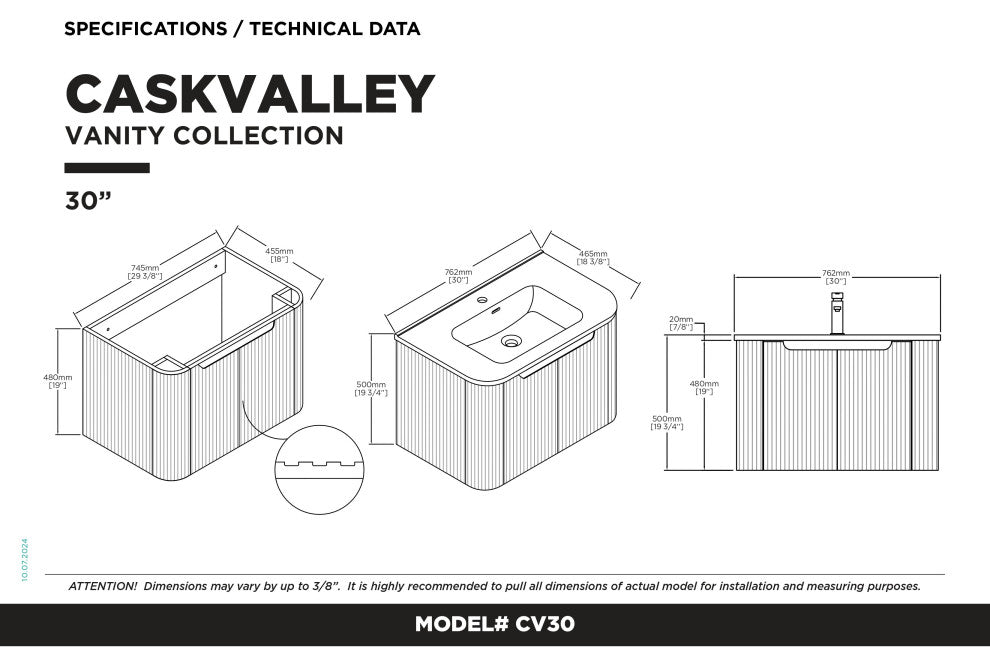 Caskvalley Bath Vanity, Straight Fluted Design Sink Included, Carbon Black, 30"