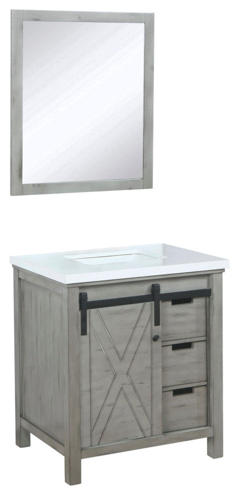 Marsyas 30" Ash Gray Single Vanity Cabinet Quartz Top Sink, 28" Wall Mirror