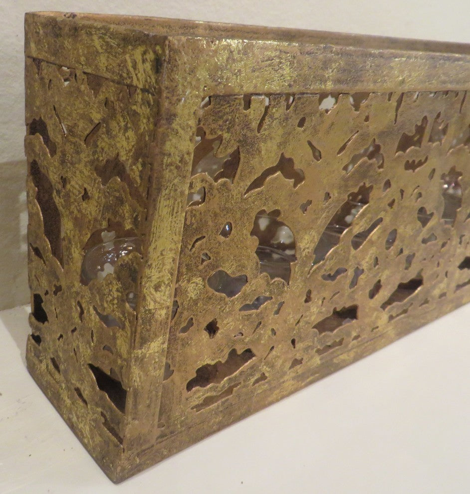 Long Gold Pierced Fretwork Candle Holder, Votive Glass Metal Moroccan