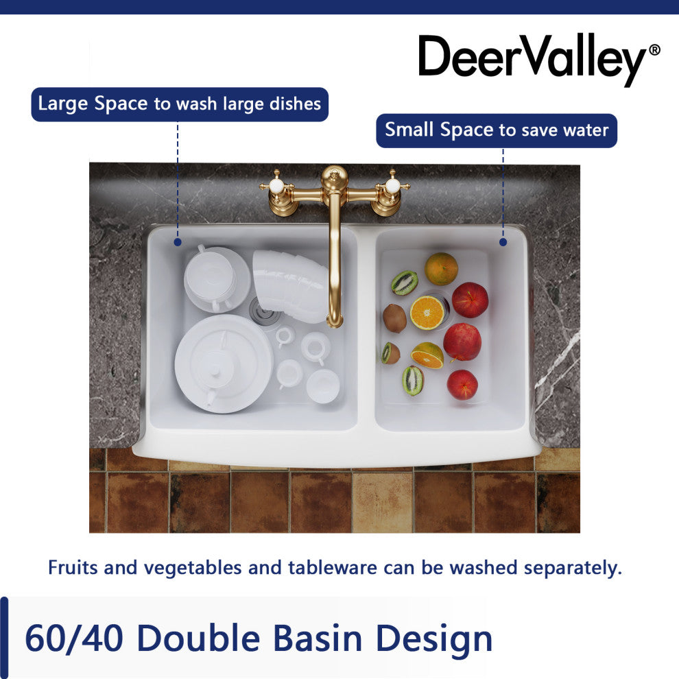 33" X 21" Double Basin Farmhouse Kitchen Sink with Sink Grid and Basket Strainer