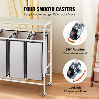 VEVOR 3-Section Laundry Sorter Cart Rolling With Ironing Board & Removable Bags