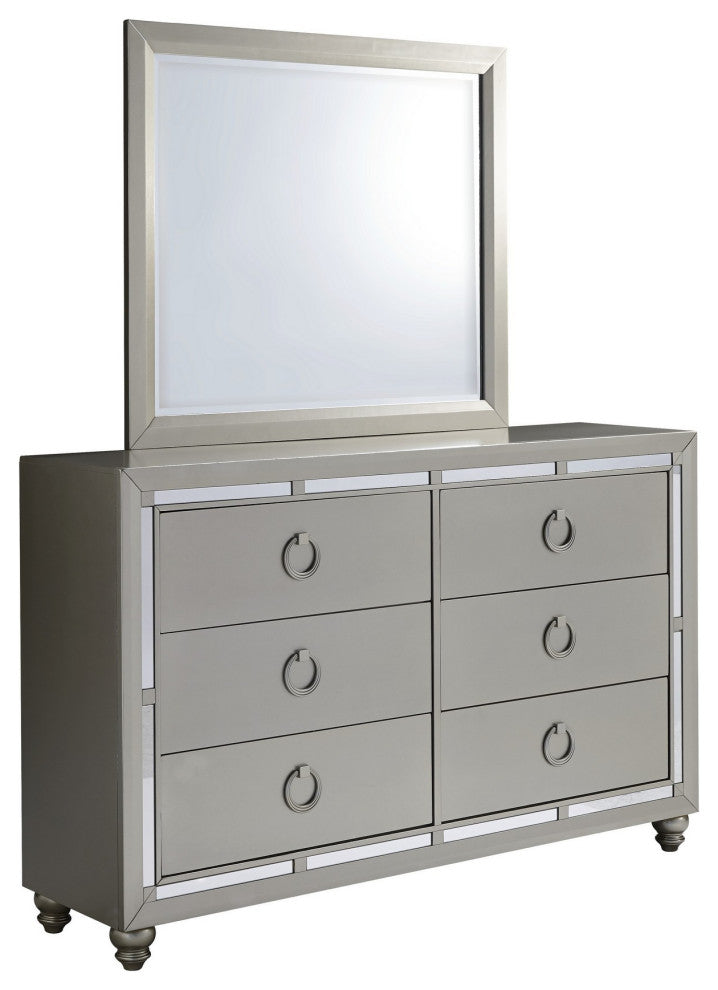 HomeRoots Silver Champagne Tone Dresser With Mirror Trim Accent 6 Drawers