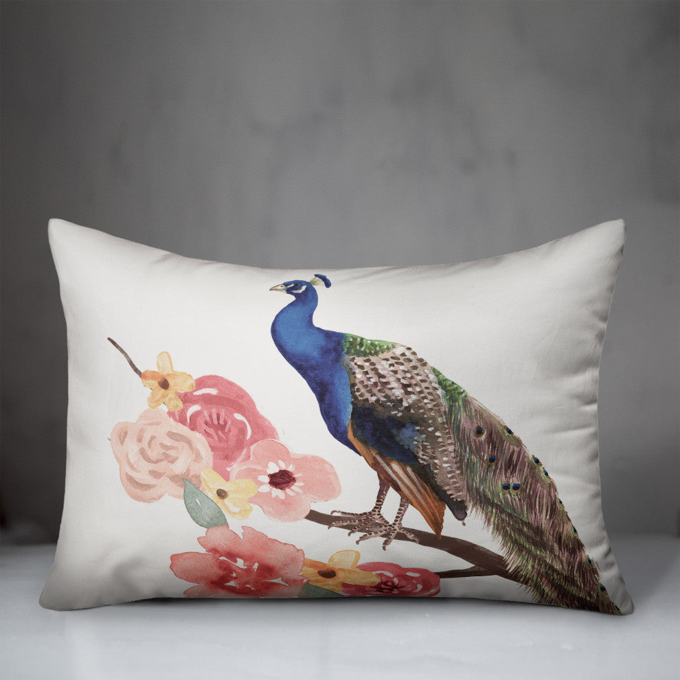 Peacock On Floral Branch 4 14x20 Spun Poly Pillow
