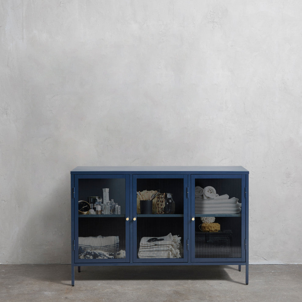 Metal & Glass 3-door Sideboard, Blue