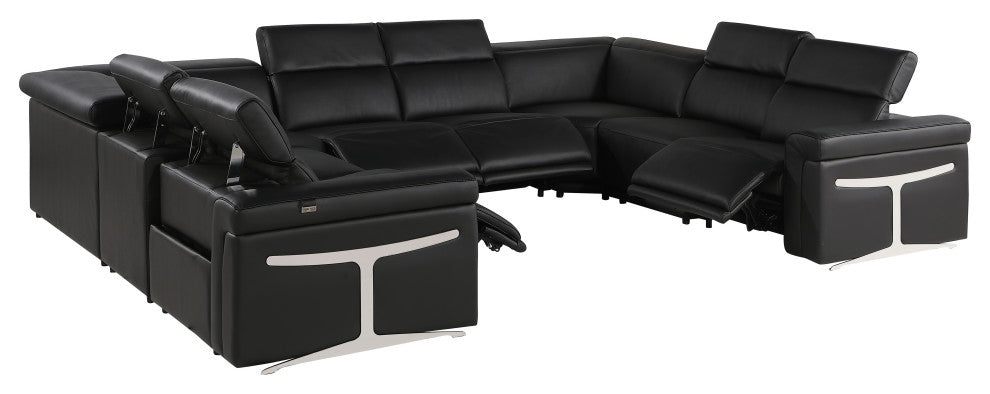 GIOVANNI 8-Piece, 4-Power Reclining Italian Leather Sectional, Black