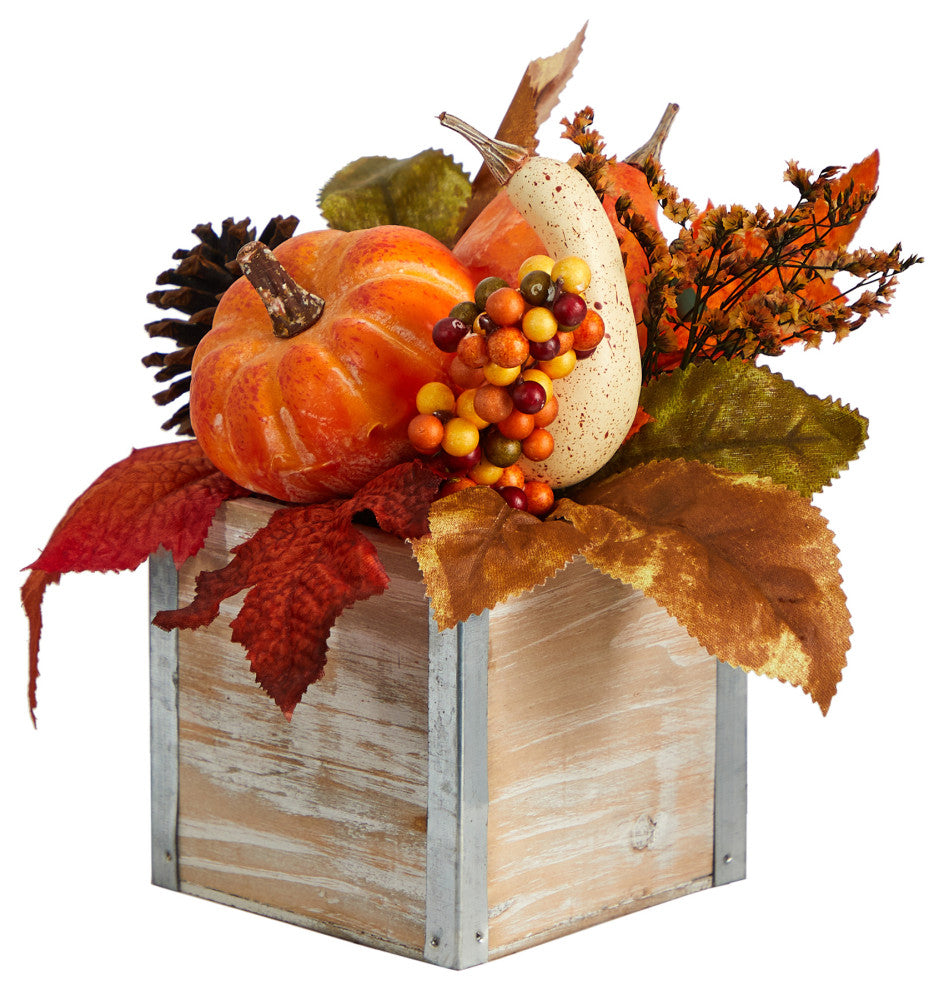 8" Fall Pumpkin, Gourd, Berries & Pinecones Faux Arrangement Natural Washed Vase