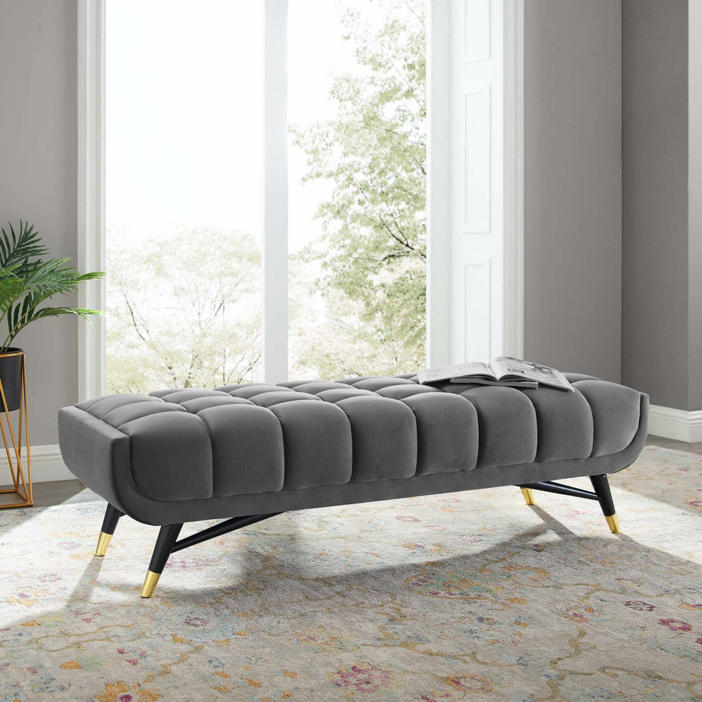 Accent Chair Bench, Velvet, Gray, Modern, Living Lounge Hotel Hospitality