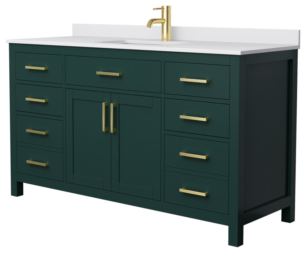 60" SGL Bathroom Vanity, Green, White Cult. Marble Countertop, Sink, Gold Trim