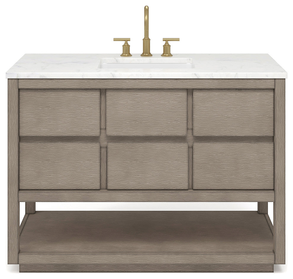 Oakman Marble Top Vanity in Grey Oak with Faucet, 48", Vanity With Satin Gold Faucet