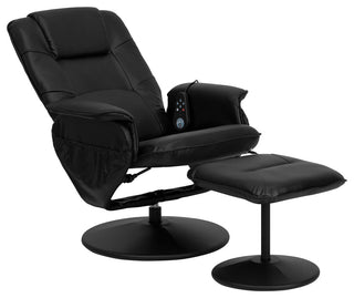 Massaging Black Leather Recliner and Ottoman With Leather Wrapped Base