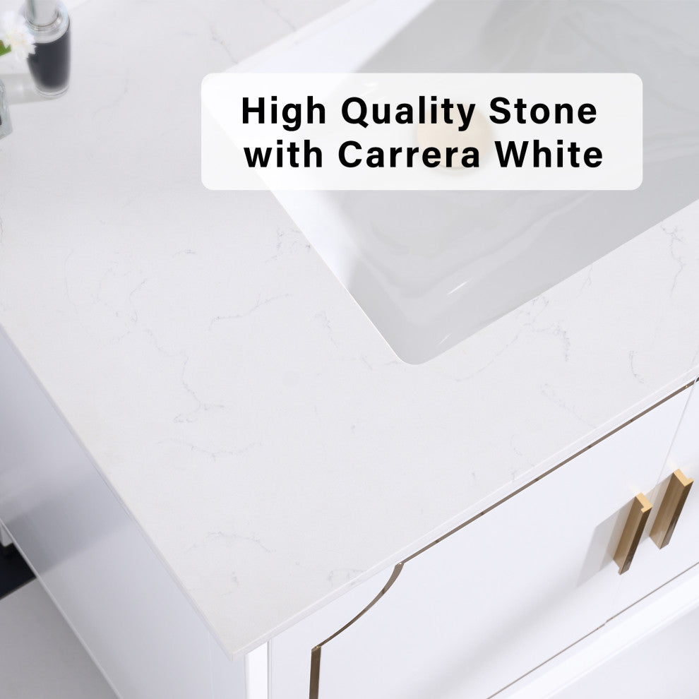 Melody Freestanding Bathroom Vanity with Wall Vanity Mirror and Quartz Top, White, 36"