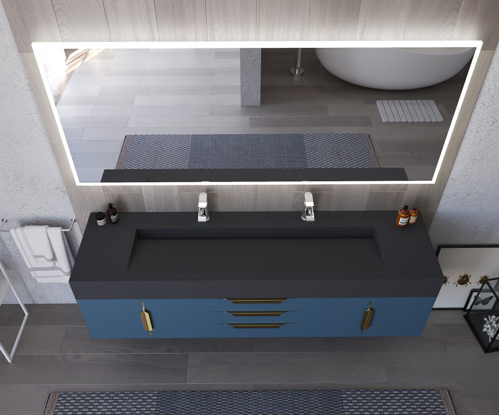 CastelloUSA Nile 72" Wall Mounted Bathroom Vanity Set, Blue, Black Top, Gold Handles