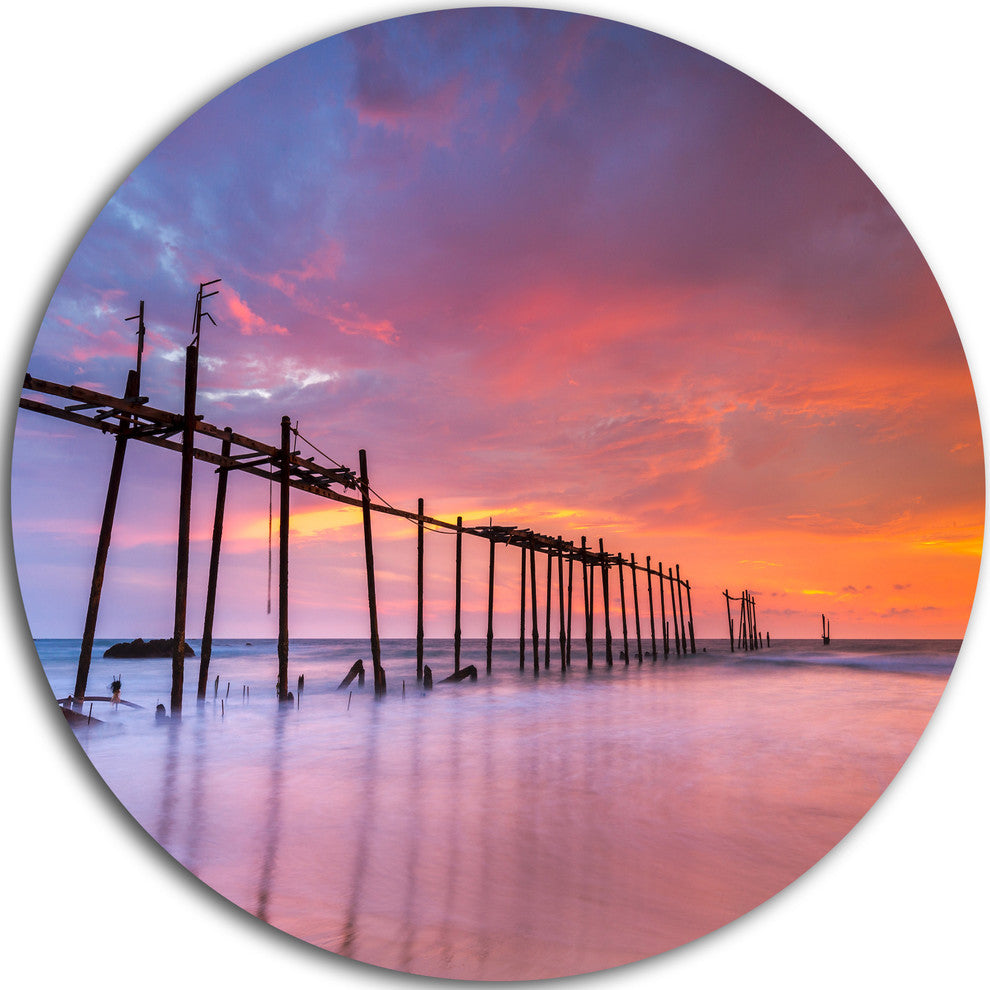 Abandoned Wooden Pier At Sunset, Seascape Round Metal Wall Art, 11"