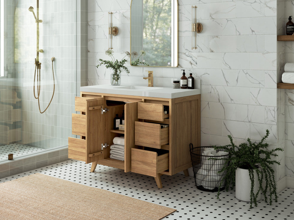 Madison Teak 48 Single Sink Bath Vanity in Light Natural 2" Carrara Quartz