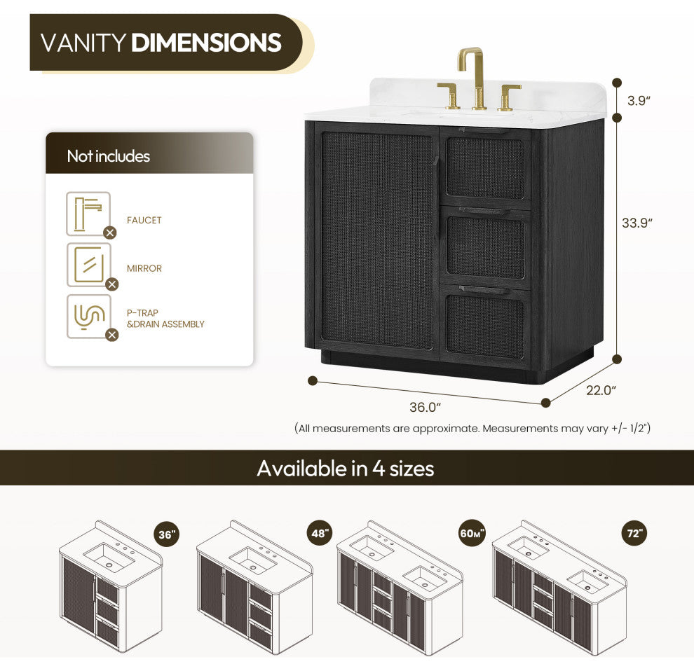 Busan Bath Vanity, Quartz Top No Mirror, Oak Classic Black, 36", Single Vanity