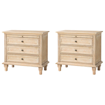3-Drawer Nightstand With  Built-In Outlets Set of 2, Natural