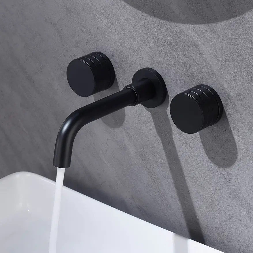 Double Handle Wall Mounted Brass Bathroom Faucet, Matte Black