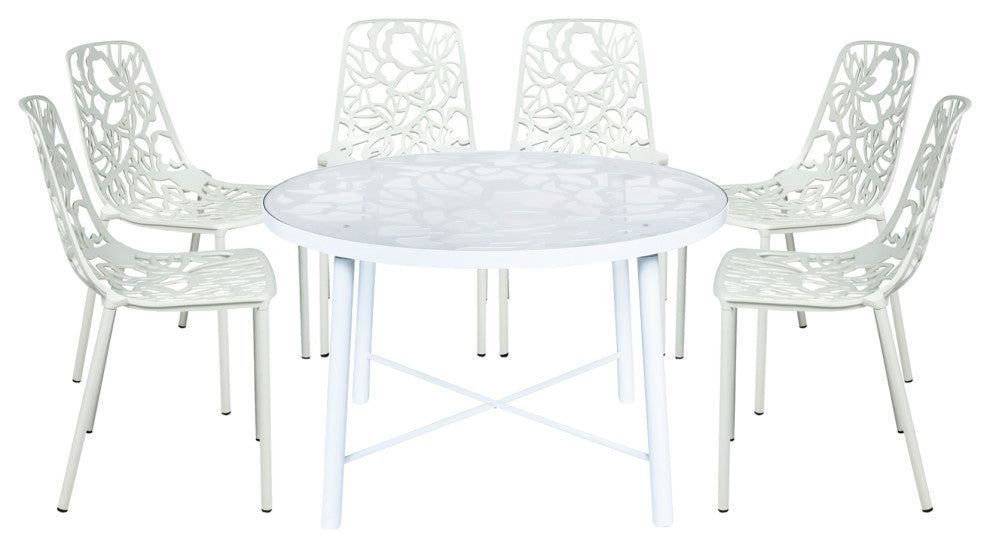 Leisuremod Devon 7-Piece Aluminum Dining Set With Table and 6 Chairs, White
