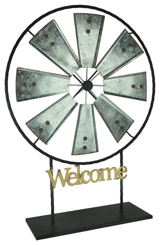 Black and Silver Metal Spinning Windmill Welcome Sign Sculpture