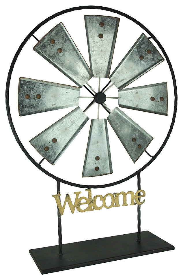 Black and Silver Metal Spinning Windmill Welcome Sign Sculpture