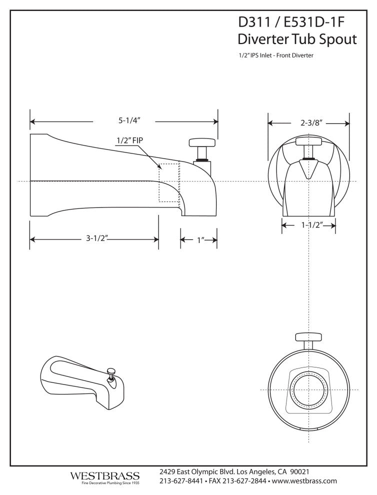 Nose Diverter 5.5" Tub Spout In Polished Brass, Polished Brass