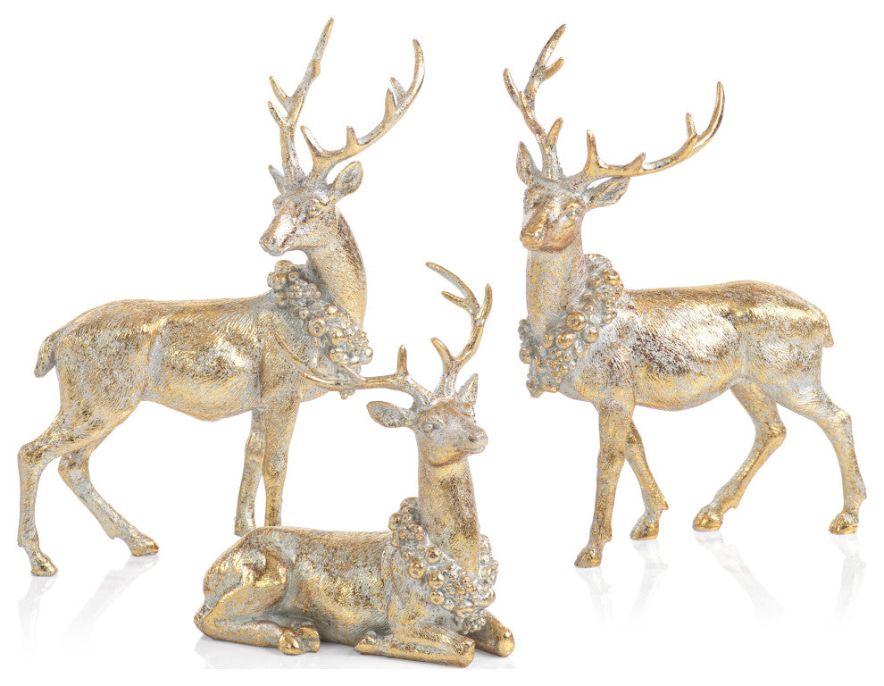 3-Piece Deer Figurine Statue Set with Ornamental Wreath