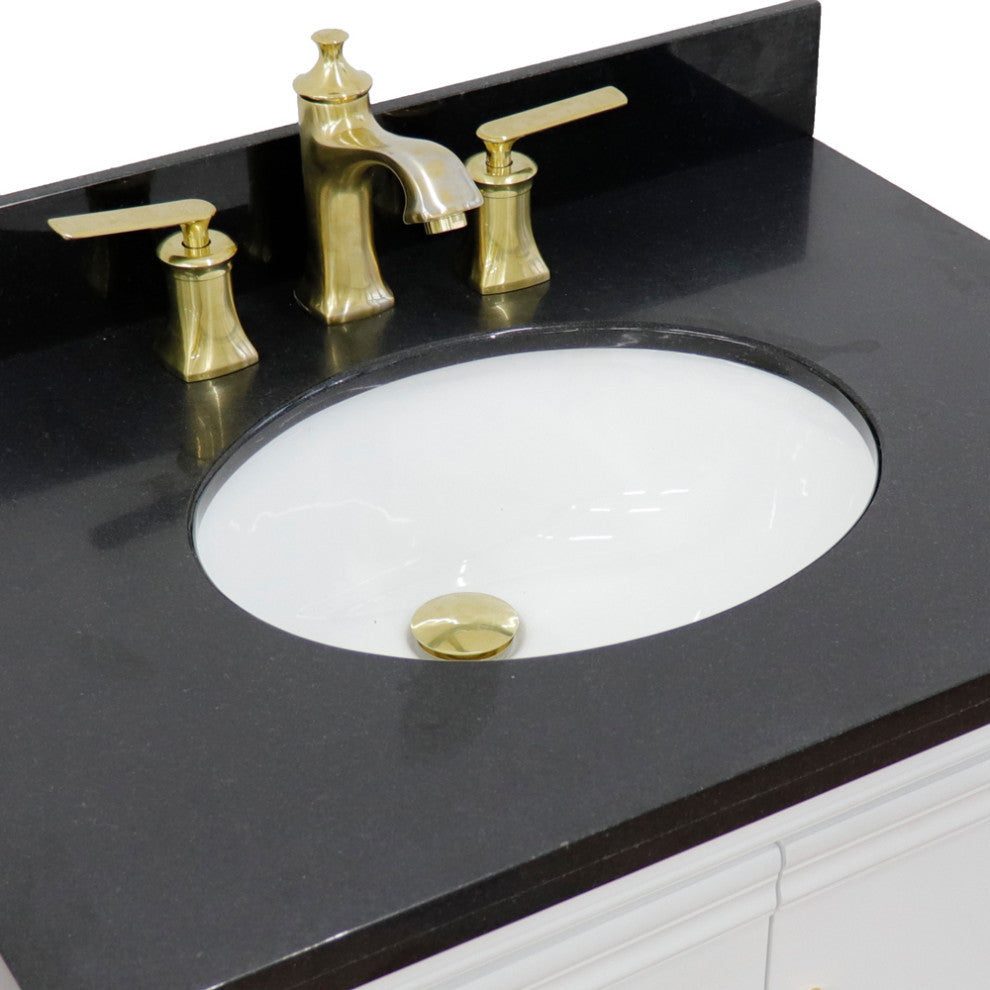 31" Single Vanity, White Finish With Black Galaxy And Oval Sink