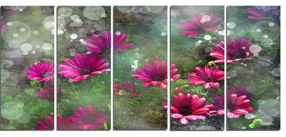 Red and Pink Flowers on Green, Large Floral Canvas Artwork, 60"x28", 5 Panels