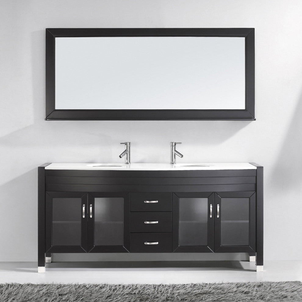 Virtu Ava 71" Double Bathroom Vanity, Espresso, Brushed Nickel Faucet, Mirror