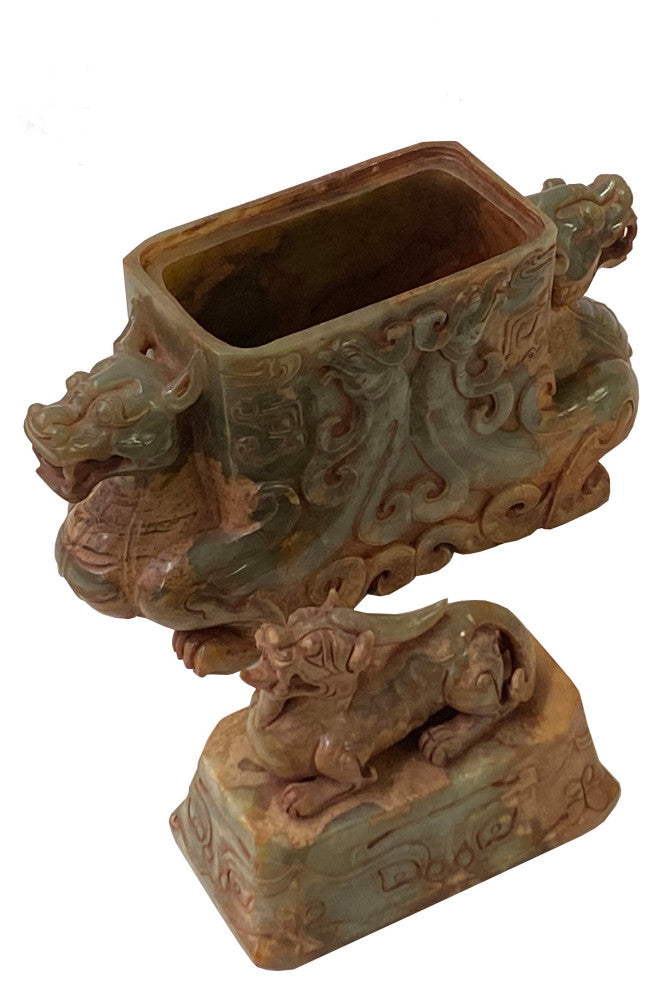 Chinese Stone Carved Tan Green Rectangular Pixiu Incense Burner Display Hws3150