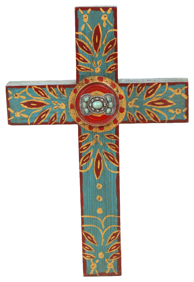 Concho Handmade Wooden Cross 11x17", Turquoise