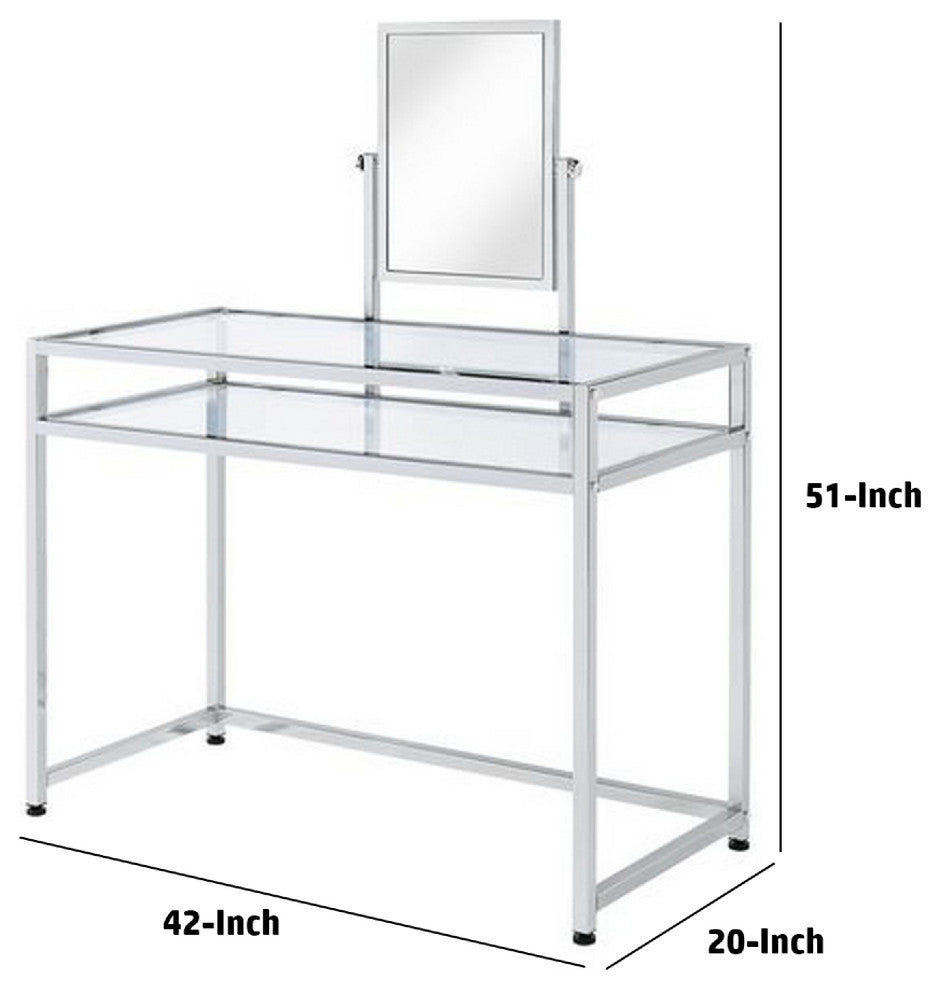 Benzara BM275480 2 Piece Metal Vanity Set, Tempered Glass, Faux Fur Seat, Silver
