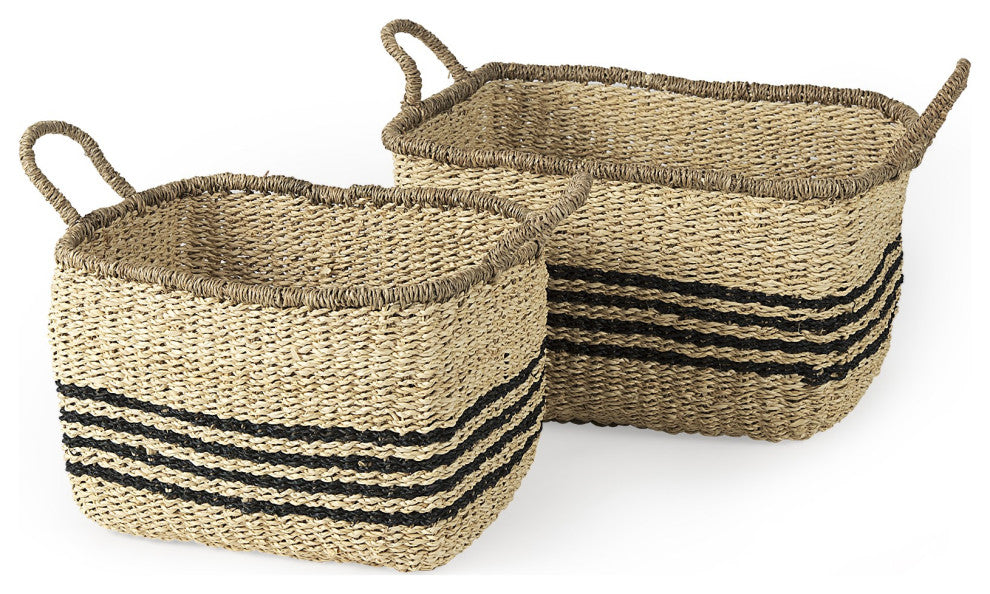 Set of Two Striped Wicker Storage Baskets