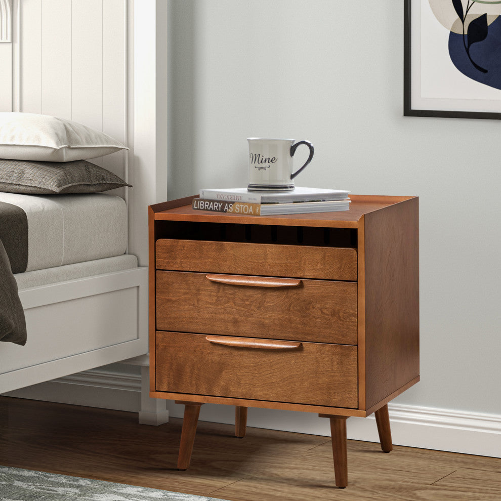 Mid-Century Modern 3-Drawer Nightstand With Charging Station, Acorn