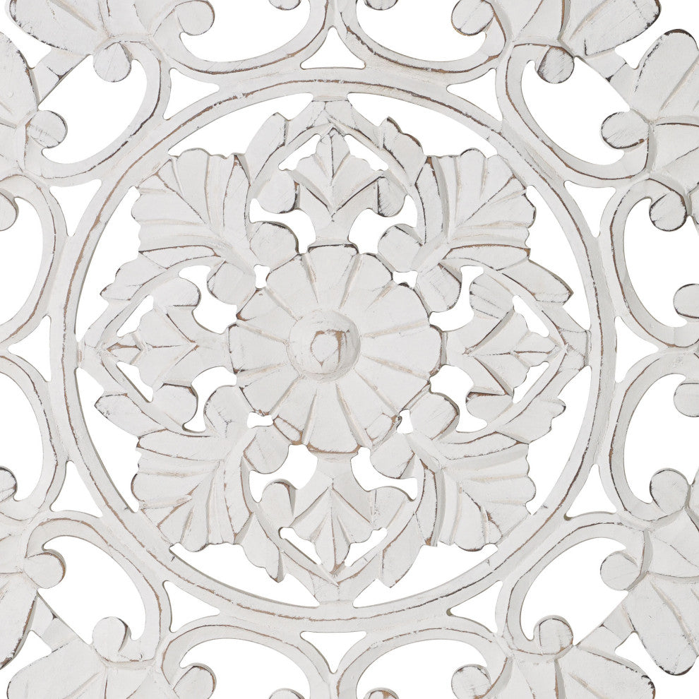 Distressed Wood Framed Square Floral White Wall Medallion  - 24" x 24"