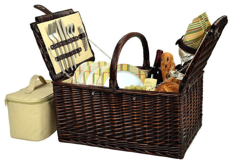 Buckingham Picnic Basket For Four, Brown Wicker and Hamptons