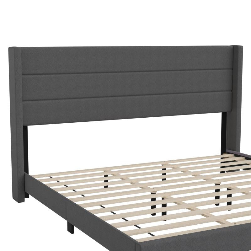 Hollis Upholstered Platform Bed with Wingback Headboard w/Mattress Foundation, Charcoal, King