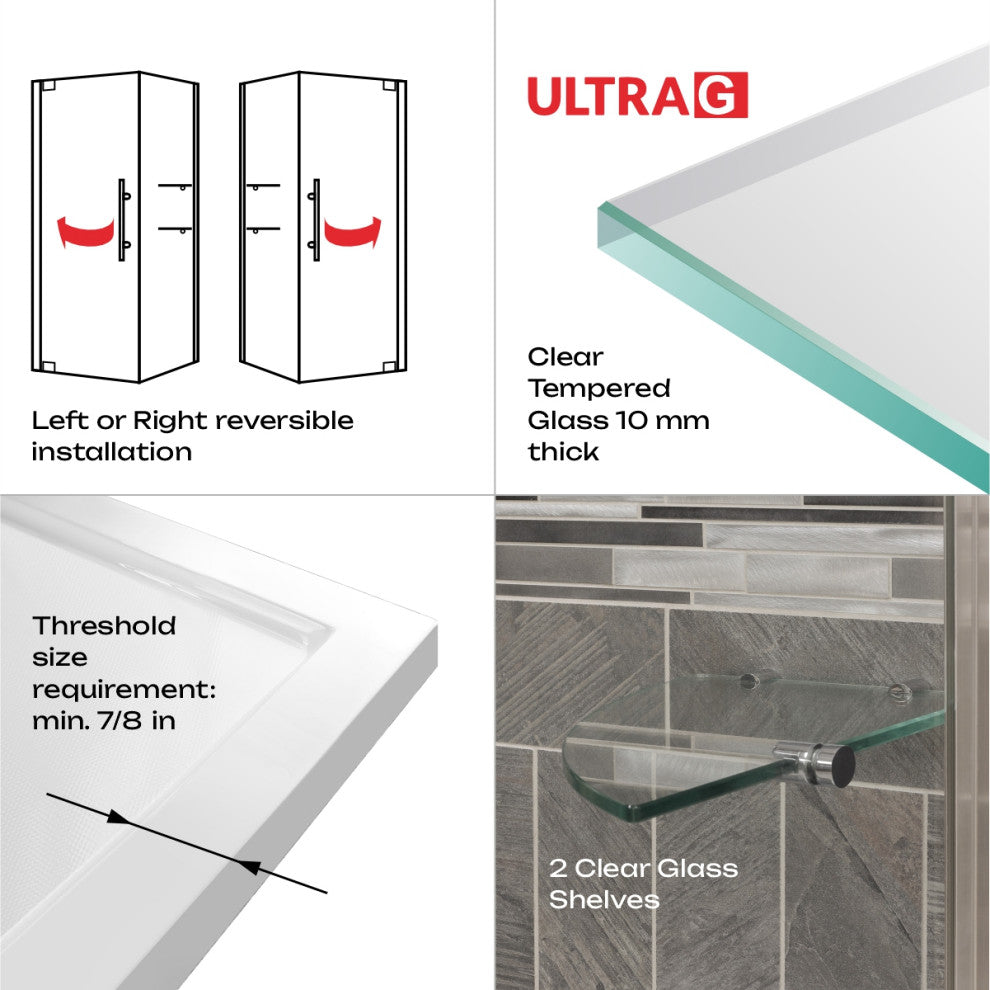 LessCare ULTRA-G Clear Glass Pivot Shower Enclosures, Chrome, 29 3/8-30"x72"x29-30