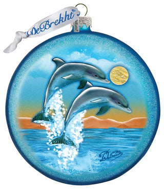Hand Painted Scenic Glass Ornament Dolphins Fly