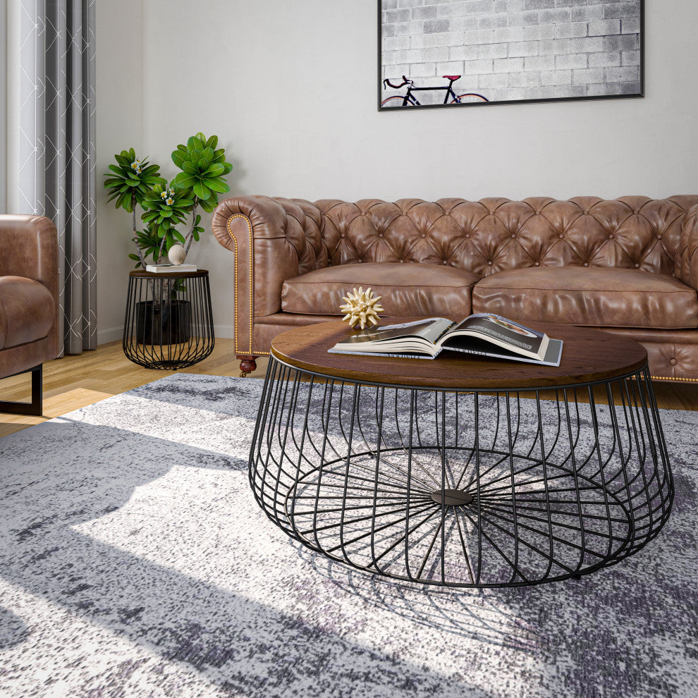 LeisureMod Runswick Round Coffee Table With Black Wire Steel Frame, Walnut