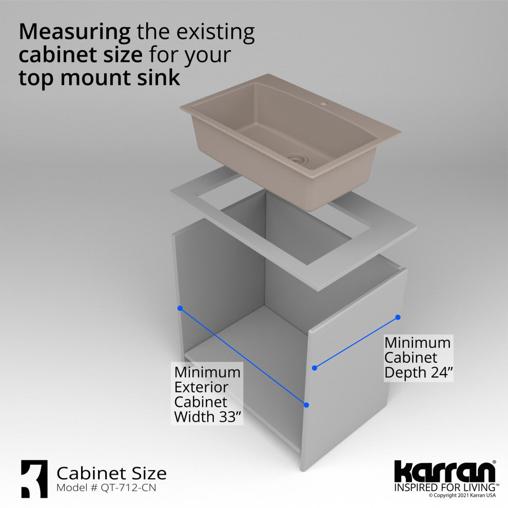 Karran Drop-In Quartz 33" 1-Hole Single Bowl Kitchen Sink, Concrete