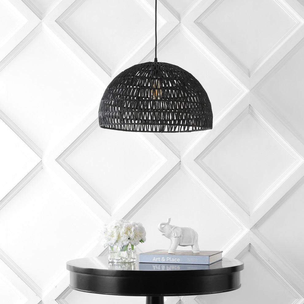 Campana 1-Light Bohemian Modern Woven Rattan/Iron LED Pendant, Black